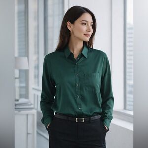 GAP Women’s Button Down Blouse Large Green Long Sleeve Pocket Shirt